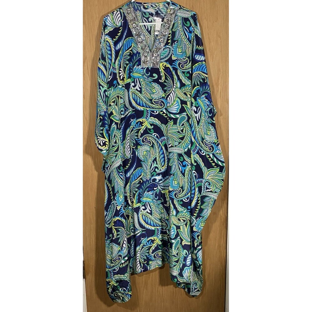 Soft Surroundings Women's L/XL Kaftan Satin Paisley Beaded Vacation Maximalist